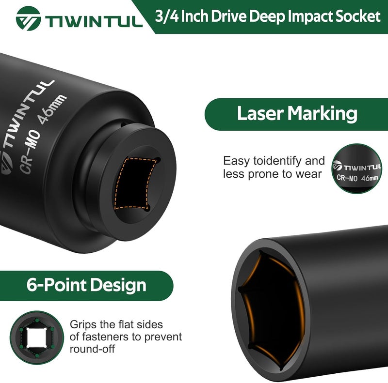 TIWINTUL 3/4 Inch Drive Deep Impact Socket 46mm, 6-Point Design, Heat-Treated Chrome Molybdenum Alloy Steel, Spindle Axle Nut Socket for Auto Repair, Easy Removal - Image 3